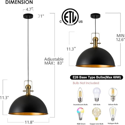 12 Inch Black Farmhouse Pendant Lights Matte Pendant Lights for Kitchen Island Industrial Adjustable Height Vintage Dome Hanging Light Fixtures for Barn Dining Room 3 Packs