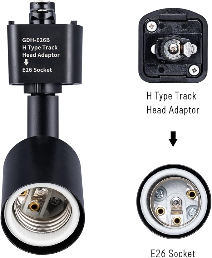 mirrea H Type Track Lighting Head to E26 Medium Screw Base Adapter Light Direction Adjustable Pack of 6 (Black)
