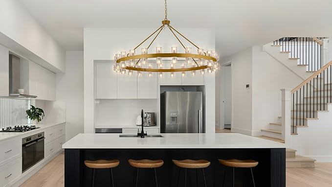 48 Inch Gold Crystal Wagon Wheel Chandelier, Modern Farmhouse Round 48-Lights Pendant Lighting Fixture, for High Ceilings Living Room, Bedroom, Foyer