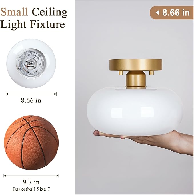 Mid-Century Modern Gold Semi Flush Mount Ceiling Light,White Glass Dome Hallway Lighting Fixtures, Metal Close to Ceiling Lamp for Entryway Bathroom Kitchen Bedroom Porch Foyer Office(8.66 Inch)