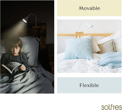 Solfres Patented Innovative Design Headboard Reading Light. No Drilling Golden Book Light for Bedtime Reading. Dimmable LED Book Reading Lamp with Bulb. Movable & Flexible, White