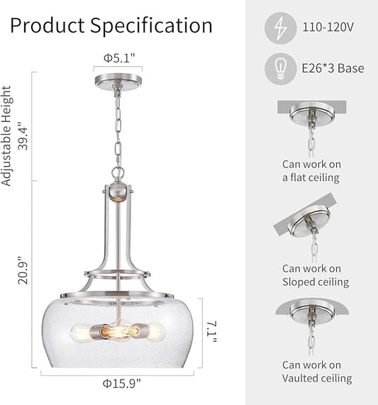 WUZUPS Chandelier Rustic Farmhouse Industrial Round Ceiling Pendant LED Light Fixture Clear Seeded Glass Shade for Dining Room Kitchen Island Foyer Entryway, H 20.9" x W 15.9", Brushed Nickel