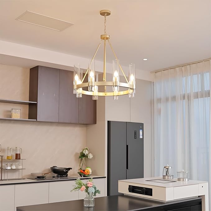 Wagon Wheel Chandelier 8-Light Glass Pendant Light, Industrial Modern Golden Pendant Light, Suitable for Living Room Lighting Fixtures, Dining Rooms, Halls, Lobbies, Bedrooms