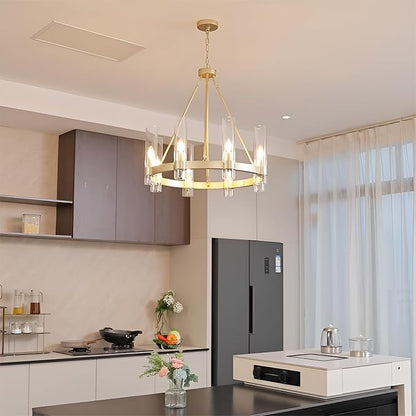 Wagon Wheel Chandelier 8-Light Glass Pendant Light, Industrial Modern Golden Pendant Light, Suitable for Living Room Lighting Fixtures, Dining Rooms, Halls, Lobbies, Bedrooms