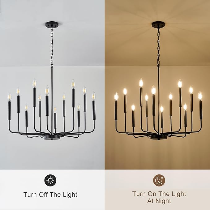 Modern Black Chandelier for Dining Room,Metal 12-Light Kitchen Light Fixtures, Farmhouse Candle Hanging Pendant Light for Living Room Entryway Foyer Bedroom (Bulbs Not Included)