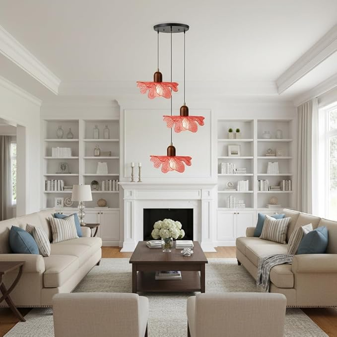 3 Light Red Glass Pendant Light Mid Century Modern Chandelier Adjustable Hanging Ceiling Light Fixture E26 Base for Bedroom Entryway Kitchen Island Dining Room