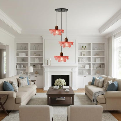 3 Light Red Glass Pendant Light Mid Century Modern Chandelier Adjustable Hanging Ceiling Light Fixture E26 Base for Bedroom Entryway Kitchen Island Dining Room