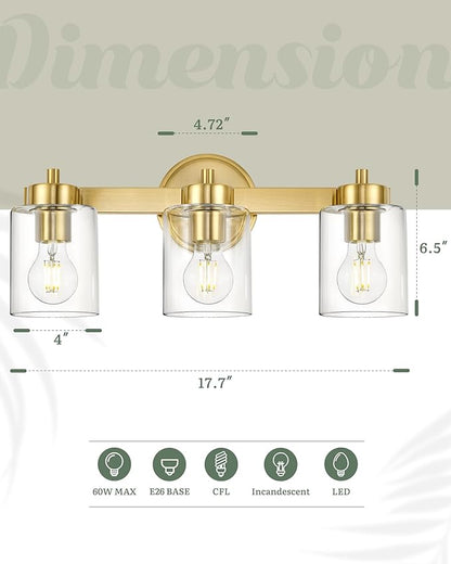 Ken & Ricky Brushed Gold Wall Sconce Light, 3 Light Modern Fixture for Bathroom, Vanity Mirror Light Kitchen Living Room Hallway, E26 Bulb Base Clear Shade