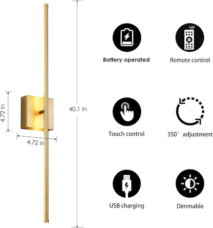 KARTOOSH Battery Operated Wall Sconces with Remote Control, Dimmable Wall Sconces Set of Two, 350°Rotate, 3000K LED Gold Wireless Wall Light for Living Room, Hallway, Bedroom, 40.1 Inch (2 Pack)