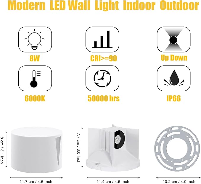 Kawell 8W Modern LED Wall Sconce Light Up Down Waterproof Outdoor Wall Lamp Indoor Hardwired for Bedroom Bathroom Hallway Stairs Porch, White 6000K