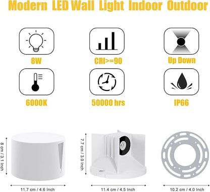 Kawell 8W Modern LED Wall Sconce Light Up Down Waterproof Outdoor Wall Lamp Indoor Hardwired for Bedroom Bathroom Hallway Stairs Porch, White 6000K