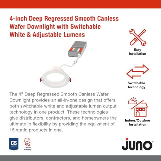 Juno Canless LED Wafer Light, Round Wafer Downlight, 5-in-1 Switchable White Color Temperature, Adjustable Brightness, Deep Regressed Smooth Trim, 4-Inch, White (WF4 Dreg SM ALO19 SWW5 90CRI MW M6)