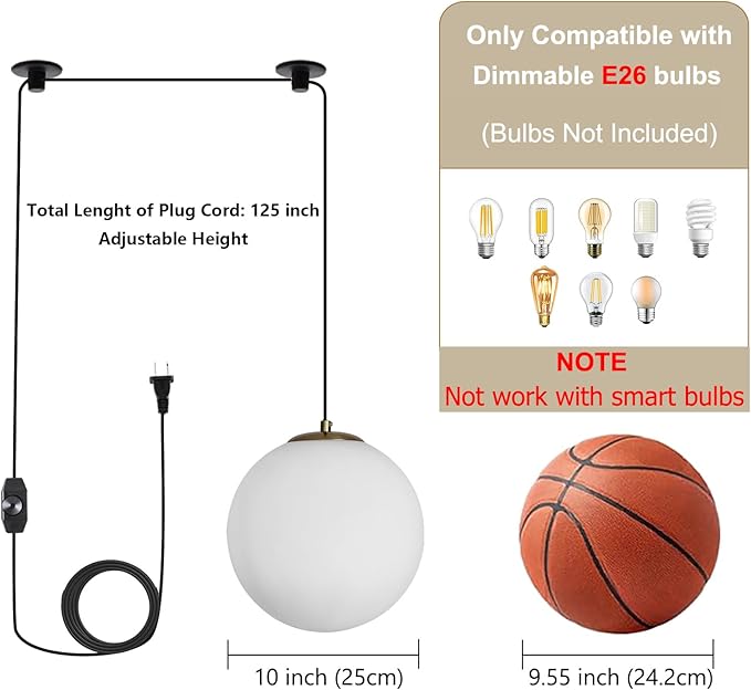 Plug in Globe Pendant Light, Mid Century Globe Hanging Lamp with Cord and ON/Off Switch, Modern Gold Chandelier with Milk Glass for Kitchen Island Dining Room Bedroom Hallway Foyer