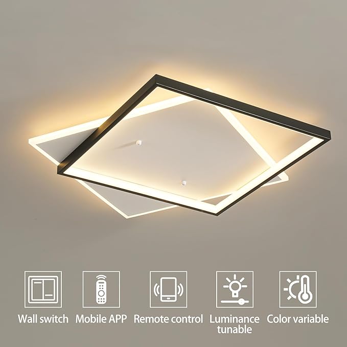 Shine LUEST Black Modern LED Bedroom Ceiling Light Dimmable Flush Mount Ceiling Light Fixture 22" Square Ceiling Lamp with Remote Control Kitchen Lighting Fixture Ceiling,Suitable for Bedroom,Hallways