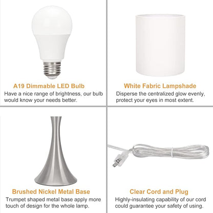 Touch Control Table Lamp, 3-Way Dimmable Bedside Lamp for Living Room, Modern Nightstand Lamp for Bedroom, Silver Table Lamp with White Shade, Desk Lamp for Dorm, Home, Office, 3000K LED Bulb Included