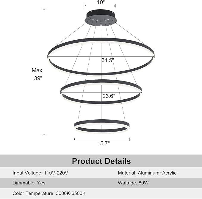 3-Rings D31.5’’ Modern LED Chandelier Black, Dimmable Pendant Lighting with Remote Control Circular Flush Mount High Ceiling Light for Living Dining Room Bedroom Foyer, 3000K-6500K