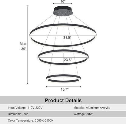 3-Rings D31.5’’ Modern LED Chandelier Black, Dimmable Pendant Lighting with Remote Control Circular Flush Mount High Ceiling Light for Living Dining Room Bedroom Foyer, 3000K-6500K