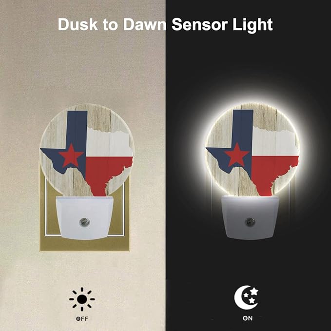 EKOBLA Texas Flag Plug-in Night Light, Texas State Rustic LED Nightlight with Dusk to Dawn Sensor, 0.5W