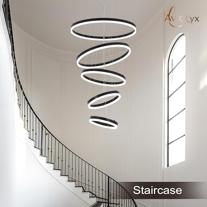5 Rings Modern LED Chandelier for Foyer, Black High Ceiling Chandeliers Dimmable Pendant Lighting with Remote Control for Dining Room Living Room Staircase(3000K-6500K D23.6)