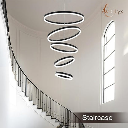 5 Rings Modern LED Chandelier for Foyer, Black High Ceiling Chandeliers Dimmable Pendant Lighting with Remote Control for Dining Room Living Room Staircase(3000K-6500K D23.6)