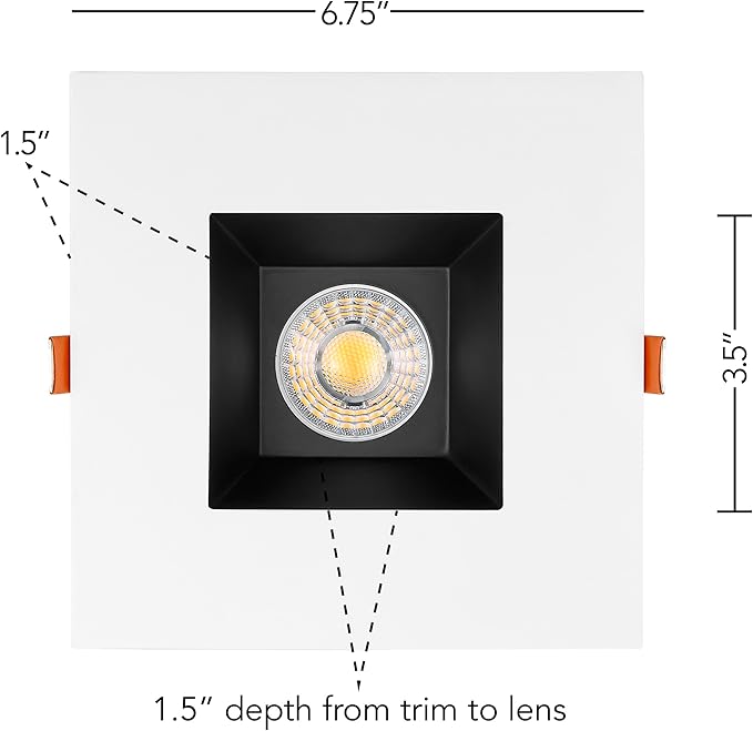 Maxxima 6” Ultra-Thin Recessed Anti-Glare LED Downlight Canless IC Rated 1200 Lumens 5 CCT Select 2700K/3000K/3500K/4000K/5000K Dimmable Square White Trim Black Baffle 90 CRI 5CCT Slim J-Box Included