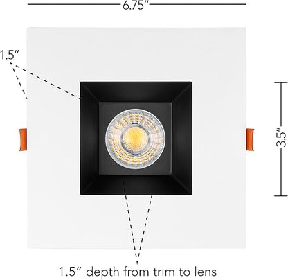 Maxxima 6” Ultra-Thin Recessed Anti-Glare LED Downlight Canless IC Rated 1200 Lumens 5 CCT Select 2700K/3000K/3500K/4000K/5000K Dimmable Square White Trim Black Baffle 90 CRI 5CCT Slim J-Box Included