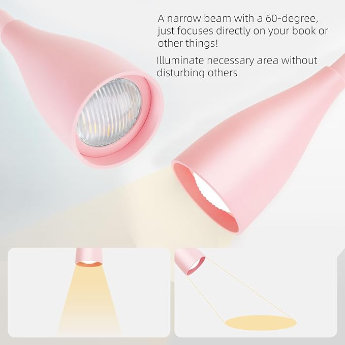LiFMIRA Wall-Mounted LED Bedside Reading Light with USB Charging Port, 10-Level Dimmable & Adjustable 5 Color, Plug-in Adhesive Night Lamp for Books in Bed, Eye-Caring Bedroom Lighting (Pink)