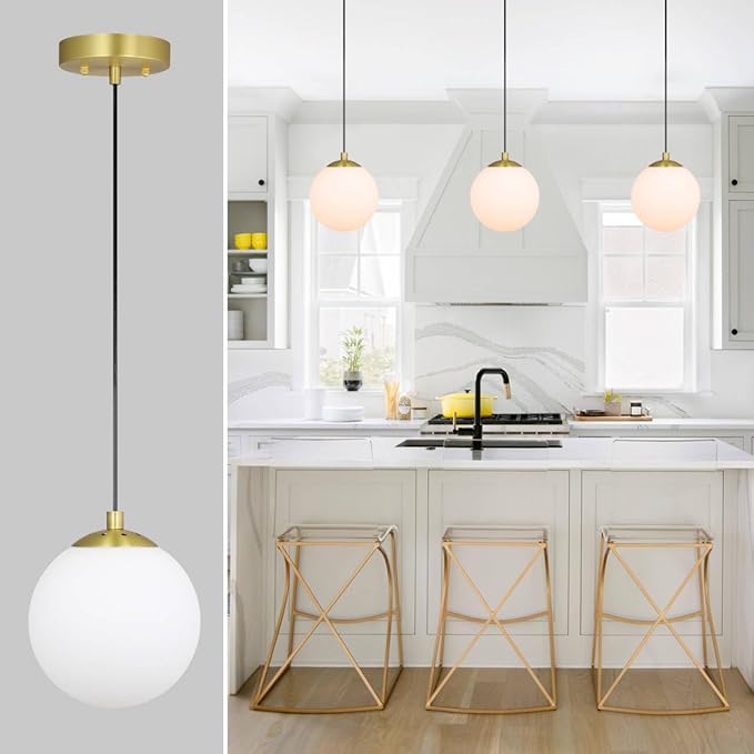 XiNBEi Lighting 8" Globe Pendant Light, Mid Century Brass Pendant Light with White Globe Glass Adjustable Hanging Fixtures for Kitchen Island Living Room XB-P1211-SB