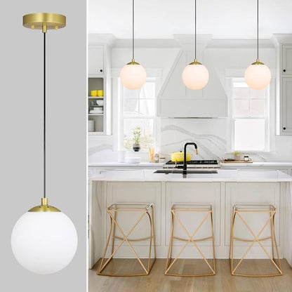 XiNBEi Lighting 8" Globe Pendant Light, Mid Century Brass Pendant Light with White Globe Glass Adjustable Hanging Fixtures for Kitchen Island Living Room XB-P1211-SB