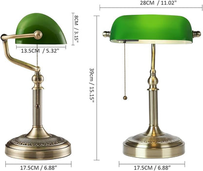 Glass Bankers Desk Lamp with Pull Chain Switch Plug in Fixture (Green-Simple, Simple Style)