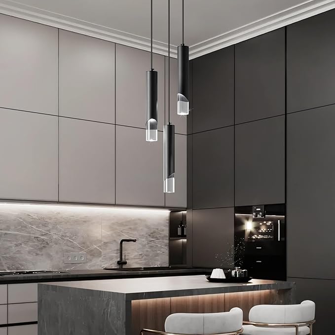 Modern Pendant Light Kitchen Light Fixture Dimmable LED Black Mini Pendant Lights Dinning Room Black Pendant Lighting for Kitchen Island Bedroom (3-Light)