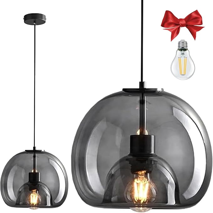 9.1in Large Smoke Glass Pendant Light for Kitchen Island, 2-Pack with Extra 2 LED Bulbs & 4.92ft Adjustable Cord | Modern Minimalist Lighting for Dining Room, Living Room, Entryway