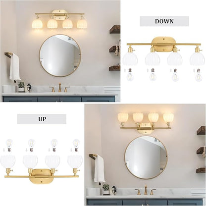 Shenmoyl Bathroom Light Fixtures, 4-Light Brass Vanity wall Light Over Mirror with White Tulip Glass Shade for Bedroom Living Room (Bulb Not Included)