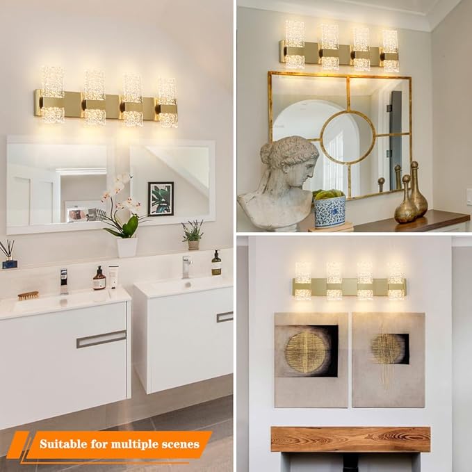 Modern Polished Gold 4 Lights Bathroom Vanity Light, Eleglant LED Bathroom Light Fixtures Over Mirror, Dimmable Acrylic Shade Wall Lighting Fixtures, Hardwired Wall Light(H9.25in, L28.35in)