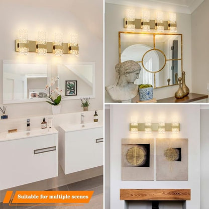 Modern Polished Gold 4 Lights Bathroom Vanity Light, Eleglant LED Bathroom Light Fixtures Over Mirror, Dimmable Acrylic Shade Wall Lighting Fixtures, Hardwired Wall Light(H9.25in, L28.35in)
