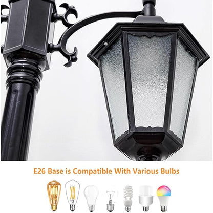 2-Head Outdoor Lamp Post Lights 94″ IP65 Waterproof Outside Black Street Light Pole with Clear Glass Shade Die-cast Aluminum Retro Pole Lights for Yard Garden Patio Path Driveway
