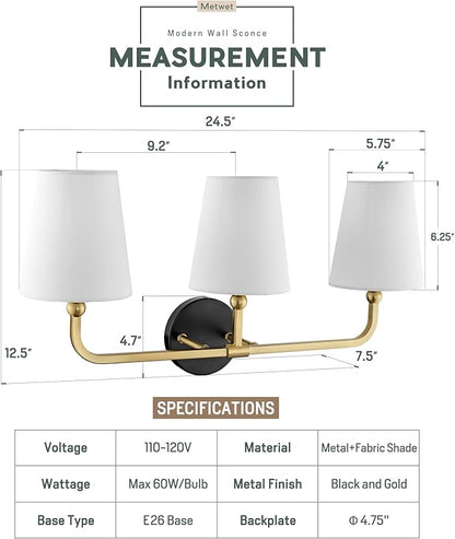 Bathroom Light Fixtures, Black and Gold Vanity Lights with Flared White Fabric Shade, 3-Light Wall Sconce, Modern Sconces Wall Lighting for Hallway Bedroom, VL837-KG-3