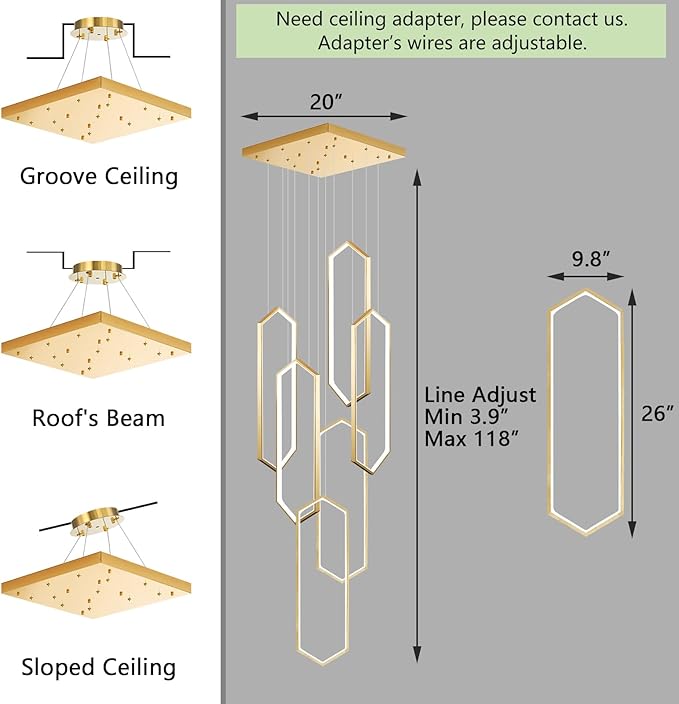 6-Rings Chandelier Modern, Gold Contemporary LED Light for Living Room Entrance, Dimmable Flush Mount High Ceiling Chandeliers with Remote Control for Villa Foyer