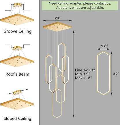 6-Rings Chandelier Modern, Gold Contemporary LED Light for Living Room Entrance, Dimmable Flush Mount High Ceiling Chandeliers with Remote Control for Villa Foyer