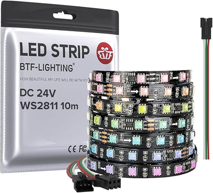 BTF-LIGHTING WS2811 DC24V 32FT Addressable RGB LED Strip 600LEDs 100Pixels Dream Color Black PCB IP30 Non-Waterproof Works with Arduino/Respberry/etc Prevent Voltage Droping(No Adapter or Controller)