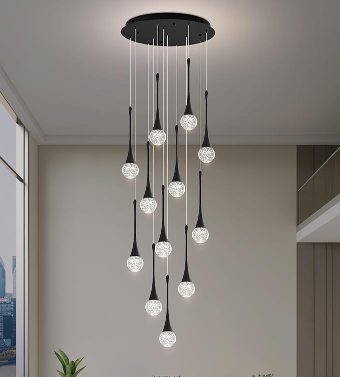 Modern Crystal Staircase Chandelier for High Ceilings, Glam LED Dimmable Pendant Light Living Room Entryway Foyer Chandelier Lighting Fixture Black 12-Lights