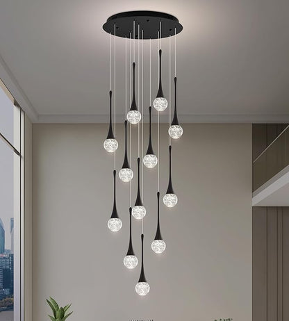 Modern Crystal Staircase Chandelier for High Ceilings, Glam LED Dimmable Pendant Light Living Room Entryway Foyer Chandelier Lighting Fixture Black 12-Lights