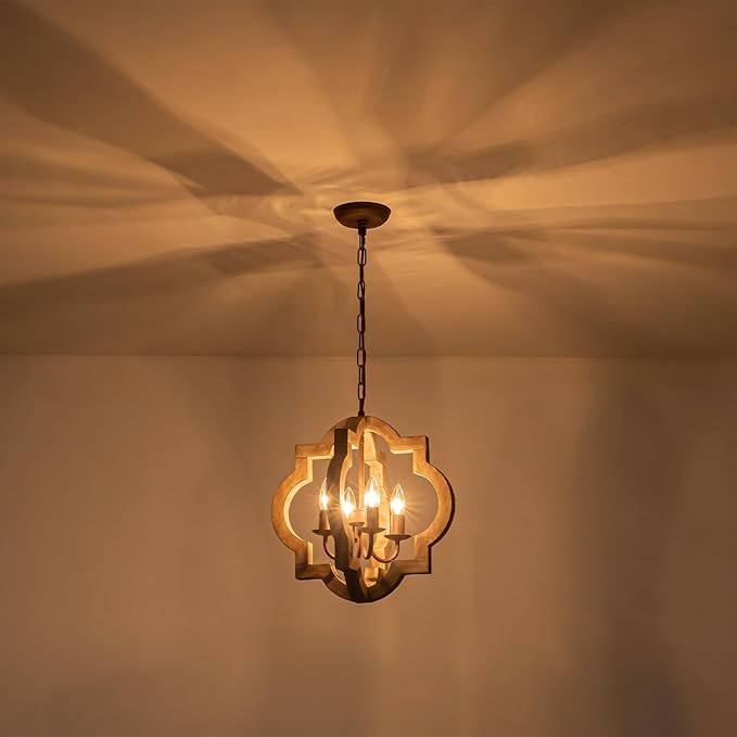 16" Oak Farmhouse Chandeliers for Dining Room Distressed Wood Pendant Light Fixture 4-Light Rustic Ceiling Hanging Light over Table for Kitchen Island Bedroom Entryway Foyer Dimmable & Ajustable Heigh