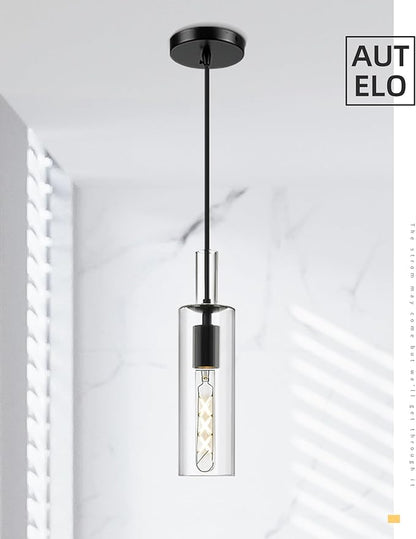 AUTELO 2 Pack Pendant Lights Kitchen Island, Modern Black Pendant Lights, Cylinder Glass Pendant Light Fixtures, Kitchen Pendant Lighting Over Island, H3875 BKNR-2PK