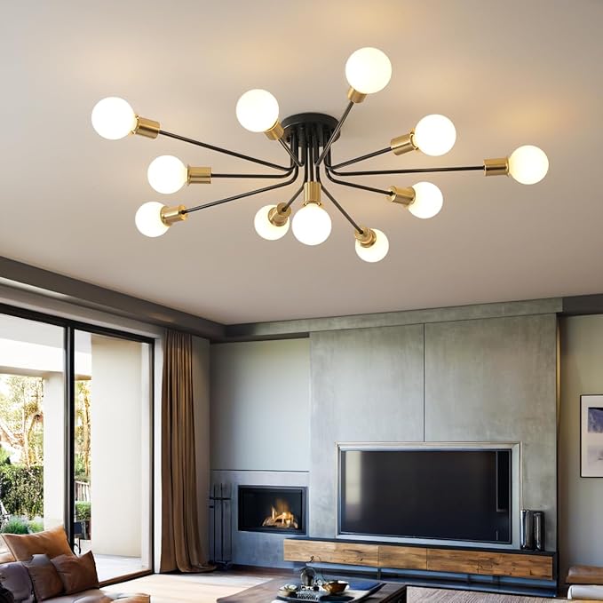 11-Lights Black and Gold Large Sputnik Ceiling Light Fixture,Modern Metal Semi Flush Mount Chandelier for Living Room Bedroom Office Dining Room Kitchen