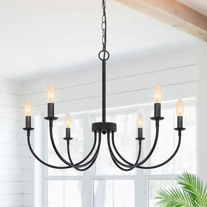 Black Chandelier, 6-Light Farmhouse Chandelier for Dining Room Lighting Fixtures Hanging, Rustic Candle Modern Chandeliers for Living Room Bedroom Foyer Kitchen(Frosted Black)