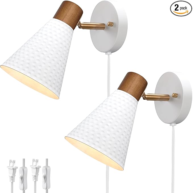 White Plug in Wall Sconces Set of 2, Modern Wall Light with Plug in Cord, Wooden Plug in Sconce with Hammered Metal Shade, Corded Wall Sconce Light Wall Lamp for Bedroom, Living Room, Hallway