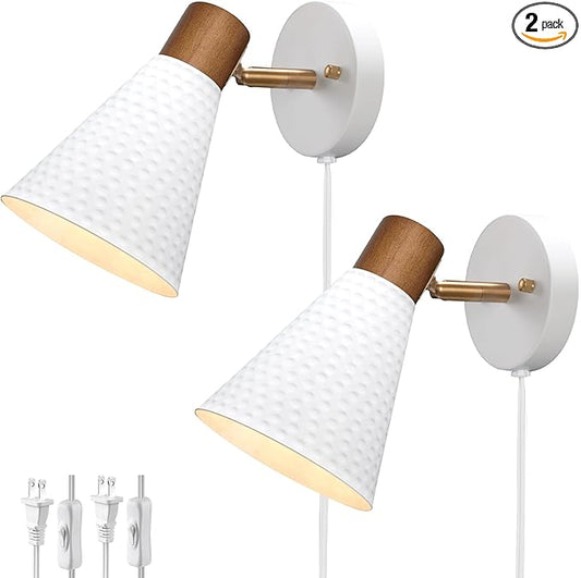 White Plug in Wall Sconces Set of 2, Modern Wall Light with Plug in Cord, Wooden Plug in Sconce with Hammered Metal Shade, Corded Wall Sconce Light Wall Lamp for Bedroom, Living Room, Hallway