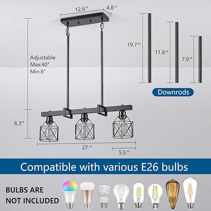 3-Light Vintage Industrial Pendant Light Over Table, Adjustable Hanging Light with Matte Black Metal Frame, E26 Base Modern Rustic Chandelier for Kitchen Island