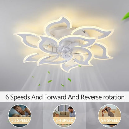 38" White Geometric Ceiling Fan with Light Remote Control, 3 Light Color 6 Speeds LED Flower Flush Mount Low Profile Ceiling Fan for Living Room